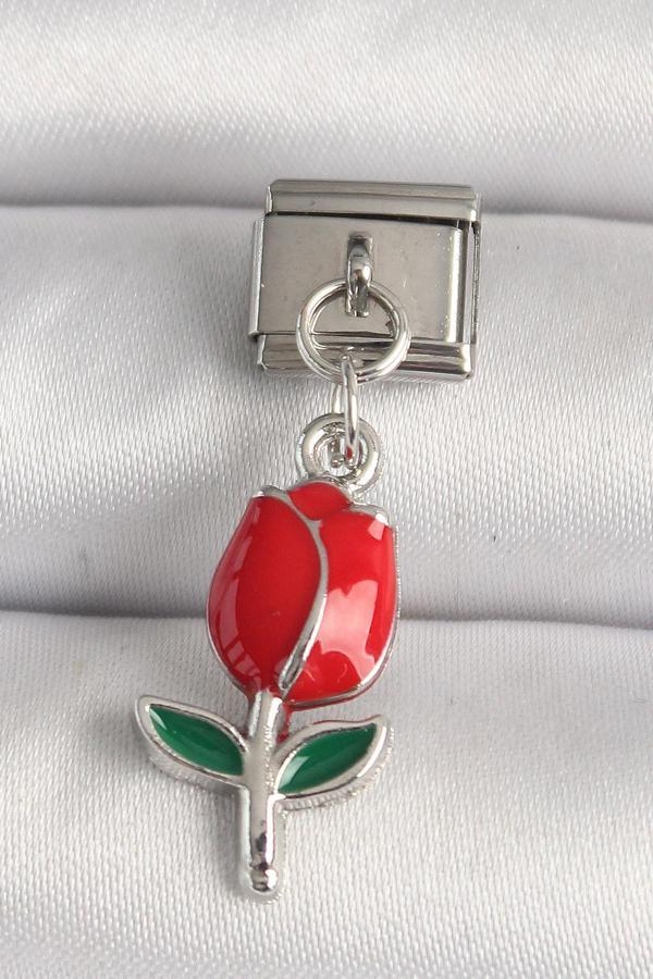 316L Çelik Gümüş Renk Kırmızı Gül Model Nomination Charm - TJ-BC1213 - Image 1