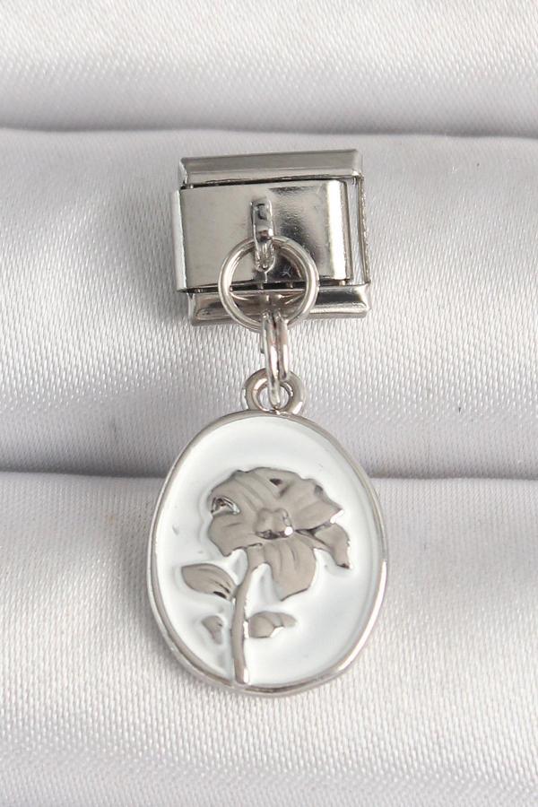 316L Çelik Gümüş Renk Çiçek İşlemeli Beyaz Portre Model Nomination Charm - TJ-BC1214 - Image 1