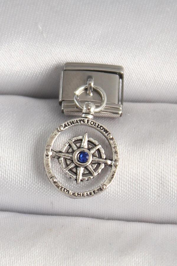 316L Çelik Gümüş Renk Mavi Taş Detaylı Pusula Model Nomination Charm - TJ-BC1273 - Image 1