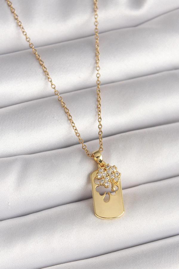 316L Çelik Gold Renk Zincir Zirkon Taşlı Yonca Model Kadın Kolye - TJ-BKO9954 - Image 1
