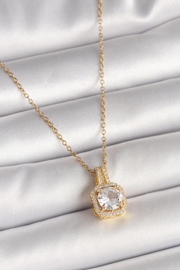 316L Çelik Gold Renk Zincir Zirkon Taşlı Kare Model Kadın Kolye - TJ-BKO9956 - Image 1
