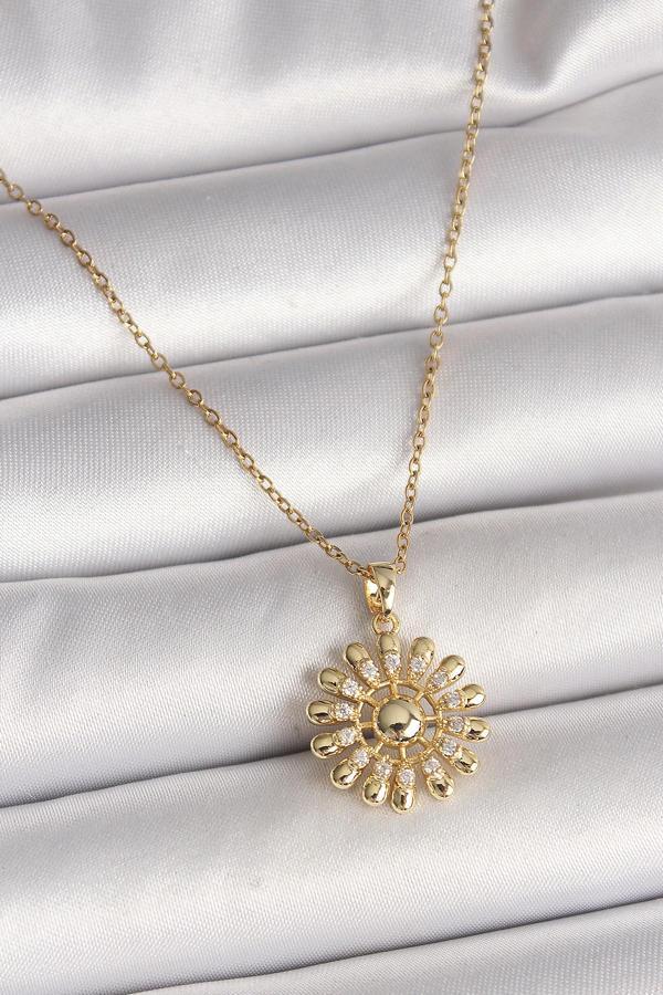 316L Çelik Gold Renk Zincir Zirkon Taşlı Güneş Model Kadın Kolye - TJ-BKO9966 - Image 1