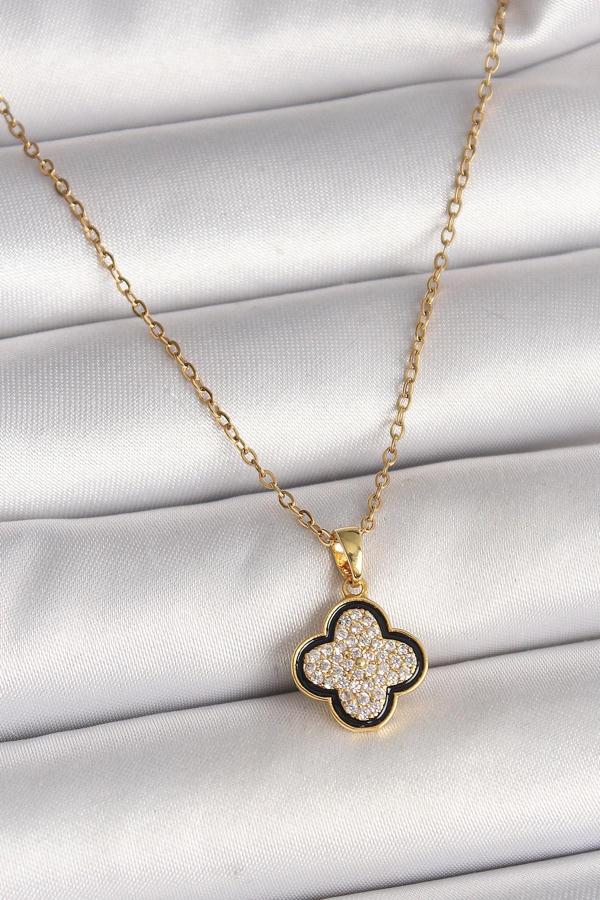 316L Çelik Gold Renk Zincir Zirkon Taşlı Yonca Model Kadın Kolye - TJ-BKO9974 - Image 1