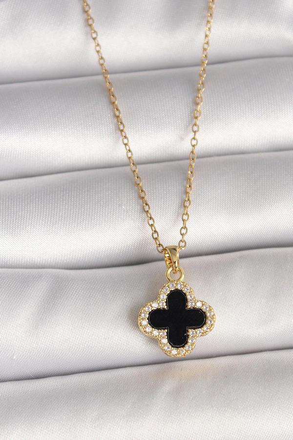 316L Çelik Gold Renk Zincir Zirkon Taşlı Yonca Model Kadın Kolye - TJ-BKO9990 - Image 1