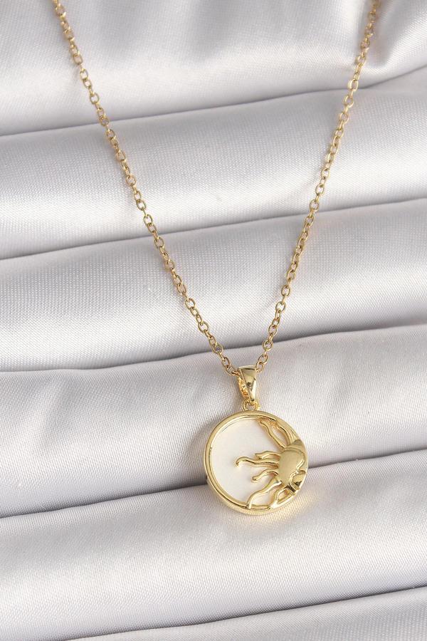 316L Çelik Gold Renk Zincir Beyaz Mineli Gün Batımı Model Kadın Kolye - TJ-BKO9998 - Image 1