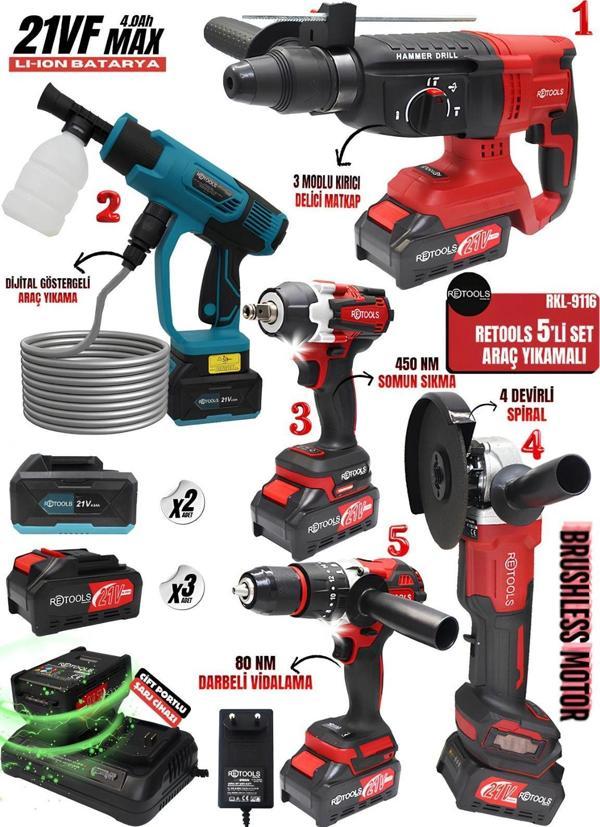 RETOOLS 5'Lİ SET KIRMIZI KABARTMALI (4 LÜ SET + DİJİTAL GÖSTERGELİ ARAÇ YIKAMA) - Image 1