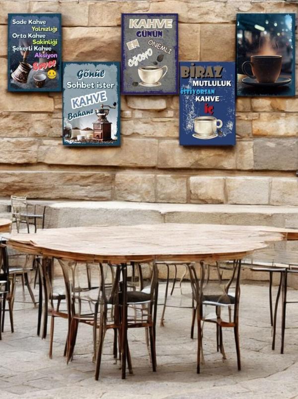 5 Parça (14cmx20cm) Dekoratif  Mdf Tablo, Kahve Köşesi Tabloları, Duvar Tabloları, Cafe Tabloları, Çerçeve Görünümlü Dek - Image 1