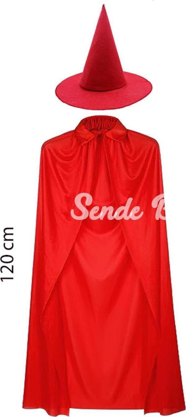 Yetişkin Boy 120 cm Kırmızı Yakalı Pelerin ve Kırmızı Cadı Şapkası - Image 1