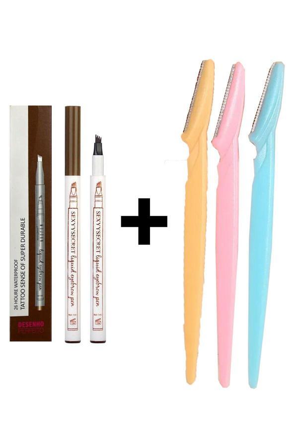 Mobee Fine Sketch Açık Kahve Kaş Kalemi Suya Dayanıklı Kalıcı Kaş Kalemi Ve 3 Lü Yüz Jileti Kaş Usturası - Image 1