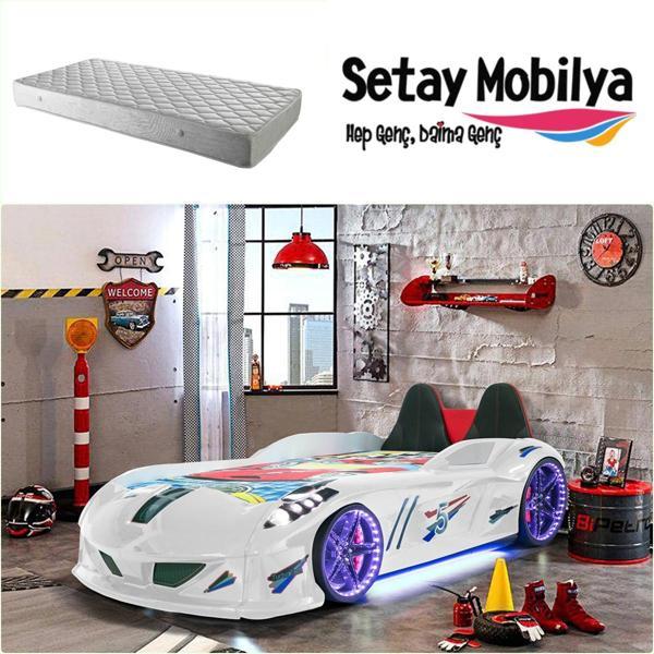 Arabalı Yatak, Jaguar Koltuklu Full Ledli Arabalı Yatak - Beyaz 1 Adet Comfort Yatak - Image 1