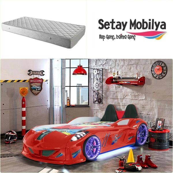 Arabalı Yatak, Jaguar Koltuklu Full Ledli Arabalı Yatak - Kırmızı 1 Adet Comfort Yatak - Image 1