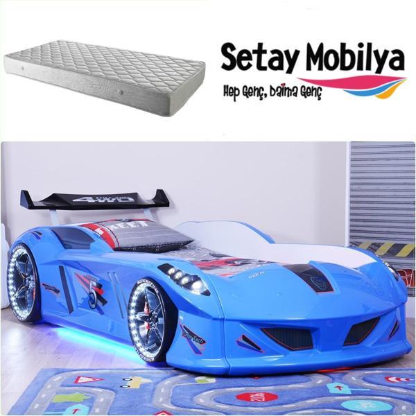 Arabalı Yatak, Jaguar Rüzgarlıklı Full Ledli Arabalı Yatak - Mavi 1 Adet Comfort Yatak - Image 1