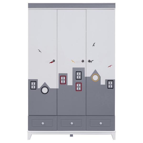Montessori Çocuk Odası - City Montessori 3 Kapılı Dolap, Yavrulu Karyola - Gri - Image 1