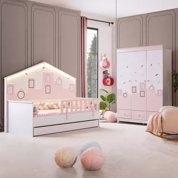 Montessori Çocuk Odası - City Montessori 3 Kapılı Dolap, Yavrulu Yatak - Pembe - Image 1