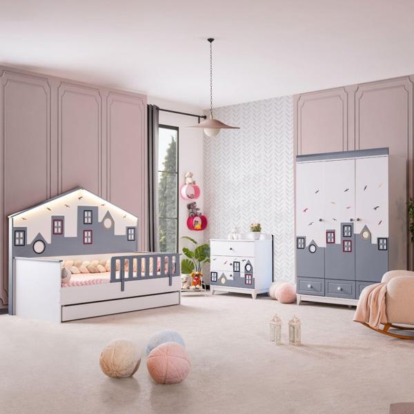 Montessori Çocuk Odası - City Montessori 3 Kapılı Dolap, Yavrulu Yatak, Şifonyer - Gri - Image 1