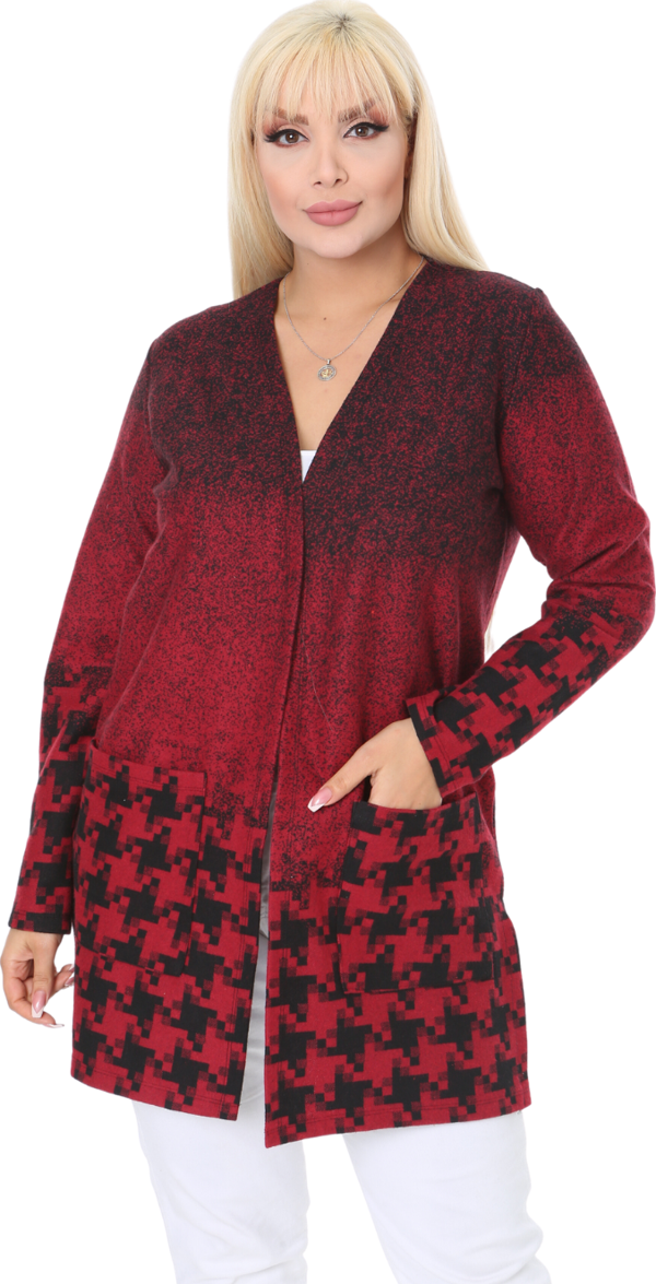 Melsay Butik Kırmızı Kazayağı Desen Kısa Büyük Beden Kadın Hırka - Image 1
