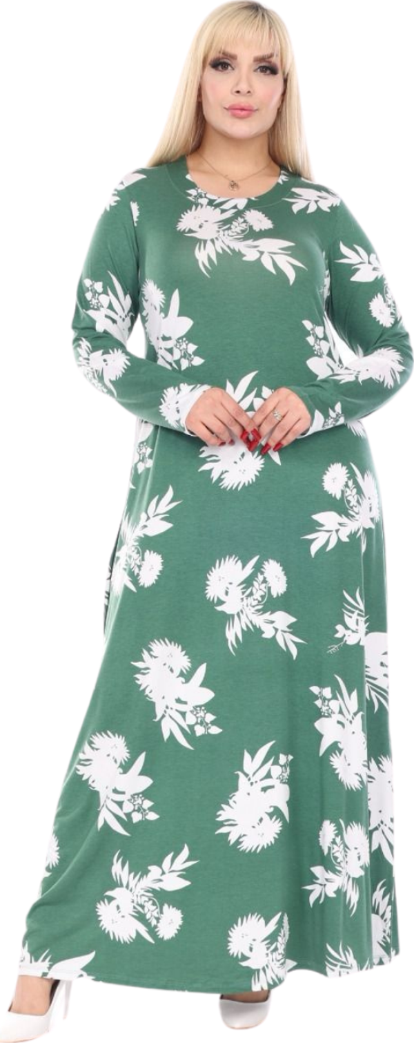 Melsay Butik Yeşil Beyaz Yaprak Desen Uzun Kollu Kadın Tesettür Elbise - Image 1