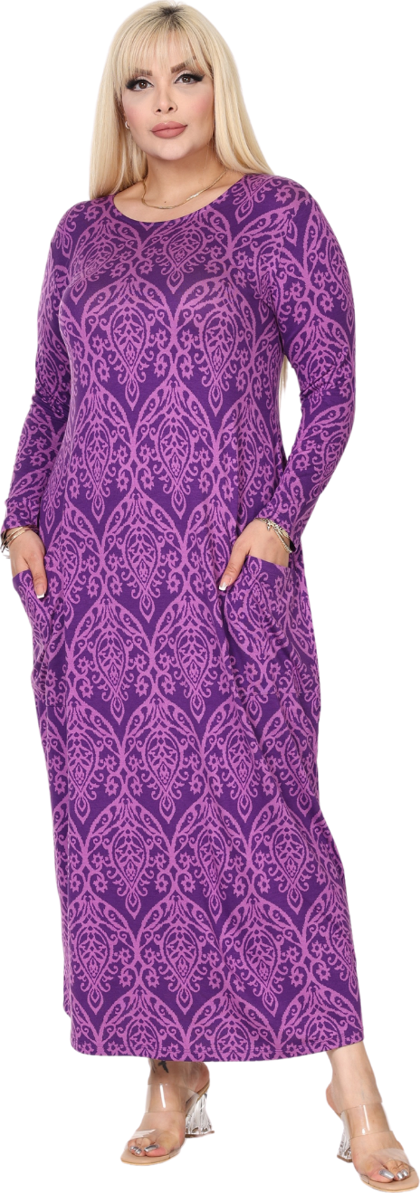 Melsay Butik Mor Dantel Desen Uzun Kollu Cepli Uzun Elbise - Image 1
