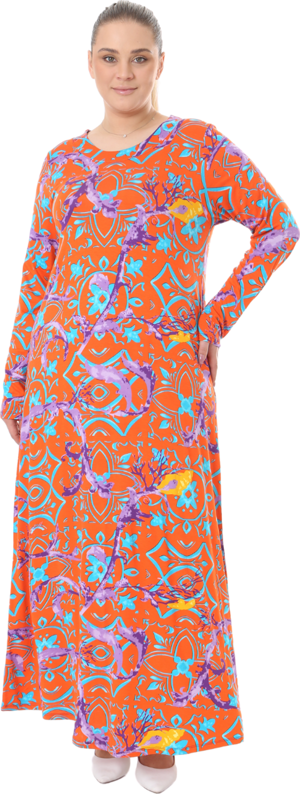 Melsay Butik Turuncu Retro Desen Uzun Kollu Kadın Elbise - Image 1