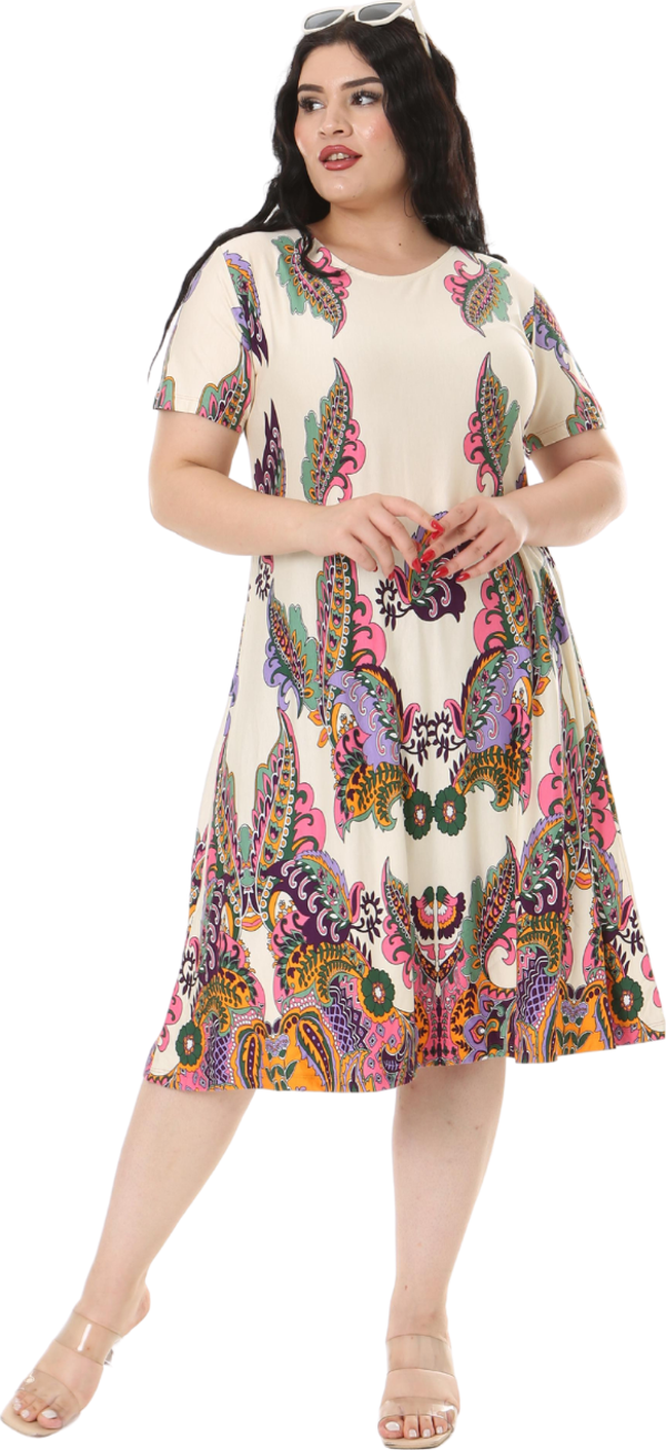 Melsay Butik Ekru Şal Desen Kısa Kollu Büyük Beden Midi Elbise - Image 1