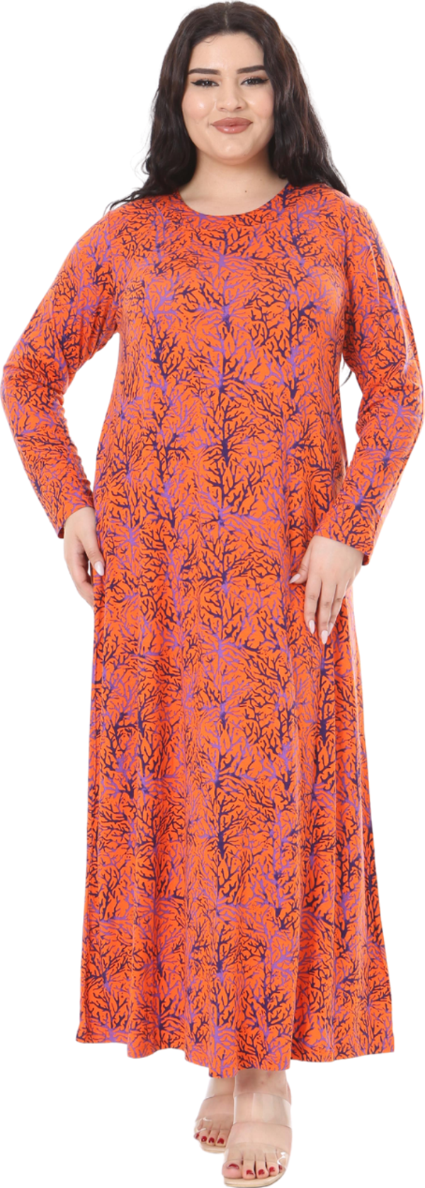 Melsay Butik Turuncu İnce Mercan Desen Uzun Kollu Kadın Elbise - Image 1