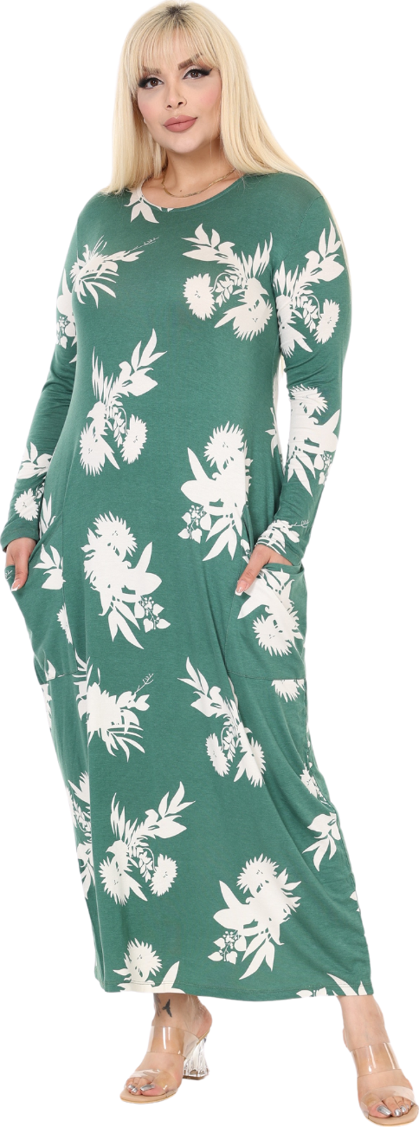 Melsay Butik Yeşil Beyaz Yaprak Desen Uzun Kollu Cepli Uzun Elbise - Image 1