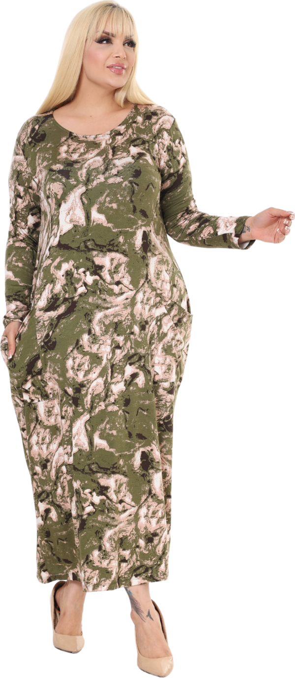 Melsay Butik Yeşil Batik Uzun Kollu Cepli Uzun Elbise - Image 1