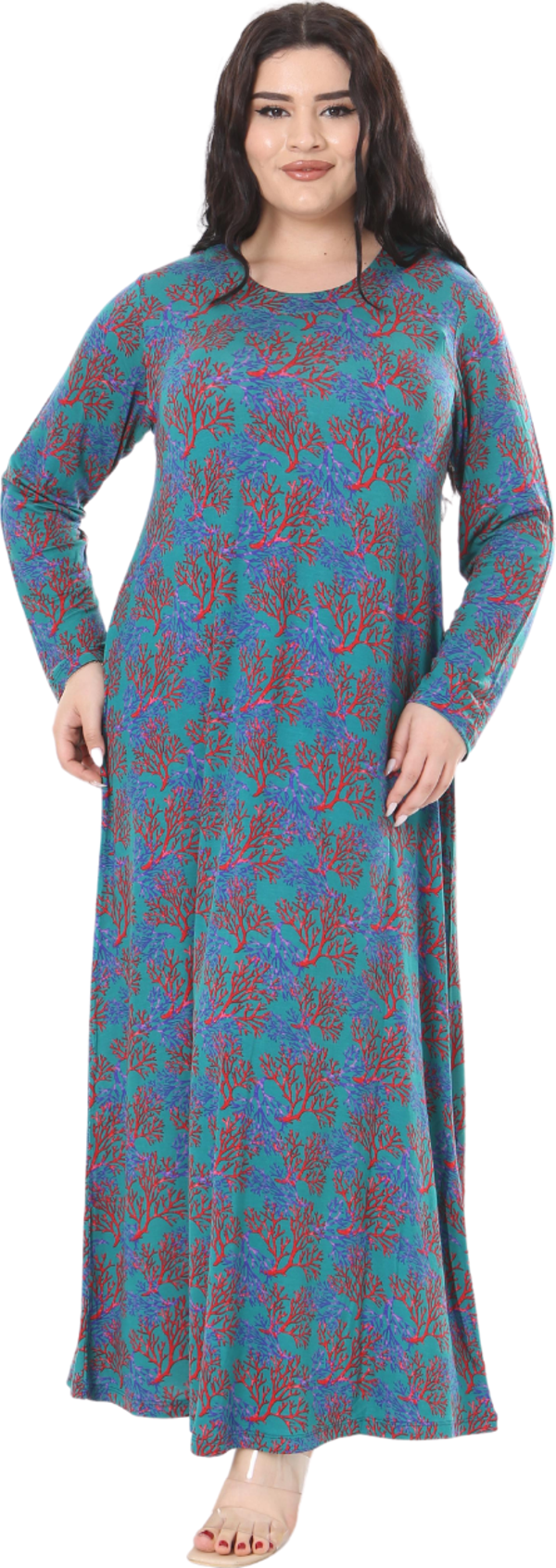 Melsay Butik Mavi Kırmızı Mercan Desen Uzun Kollu Kadın Elbise - Image 1