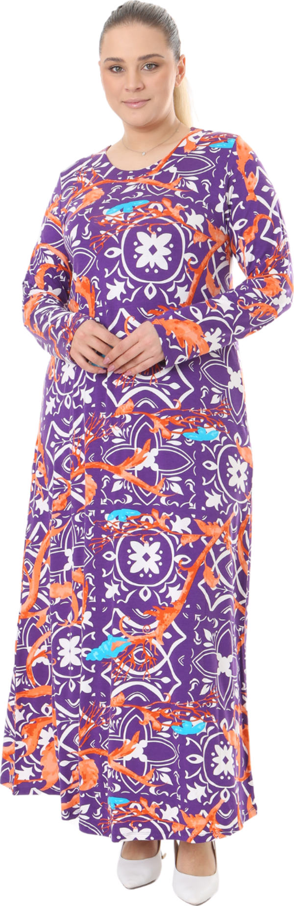 Melsay Butik Mor Retro Desen Uzun Kollu Kadın Elbise - Image 1