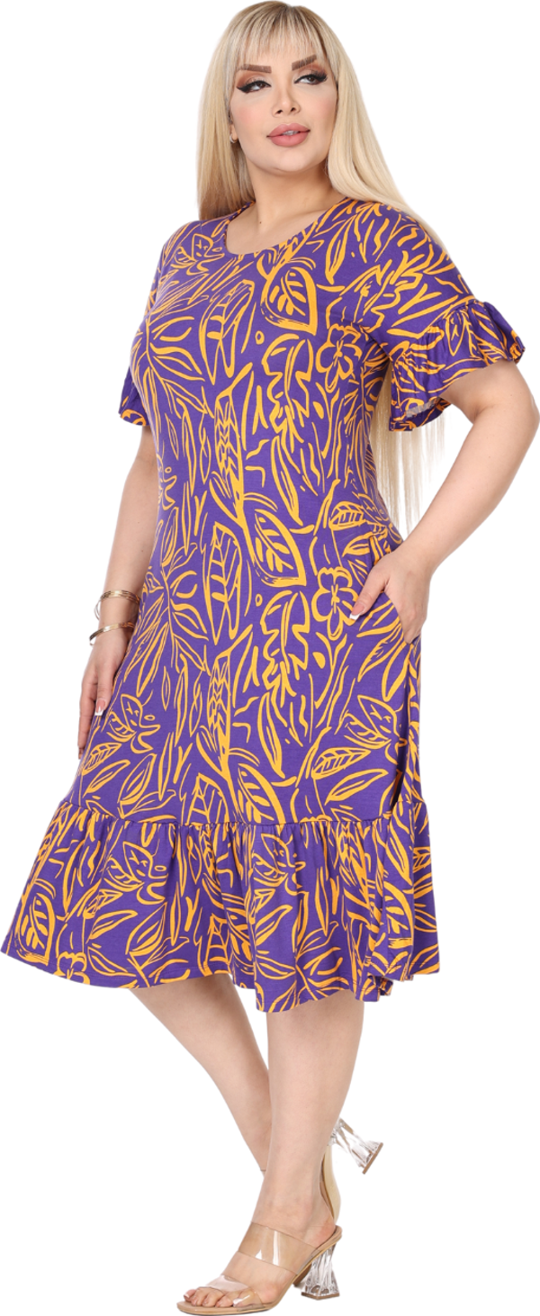 Melsay Butik Kadın Büyük Beden Eteği Fırfırlı Mor Yaprak Desen Cepli Elbise - Image 1