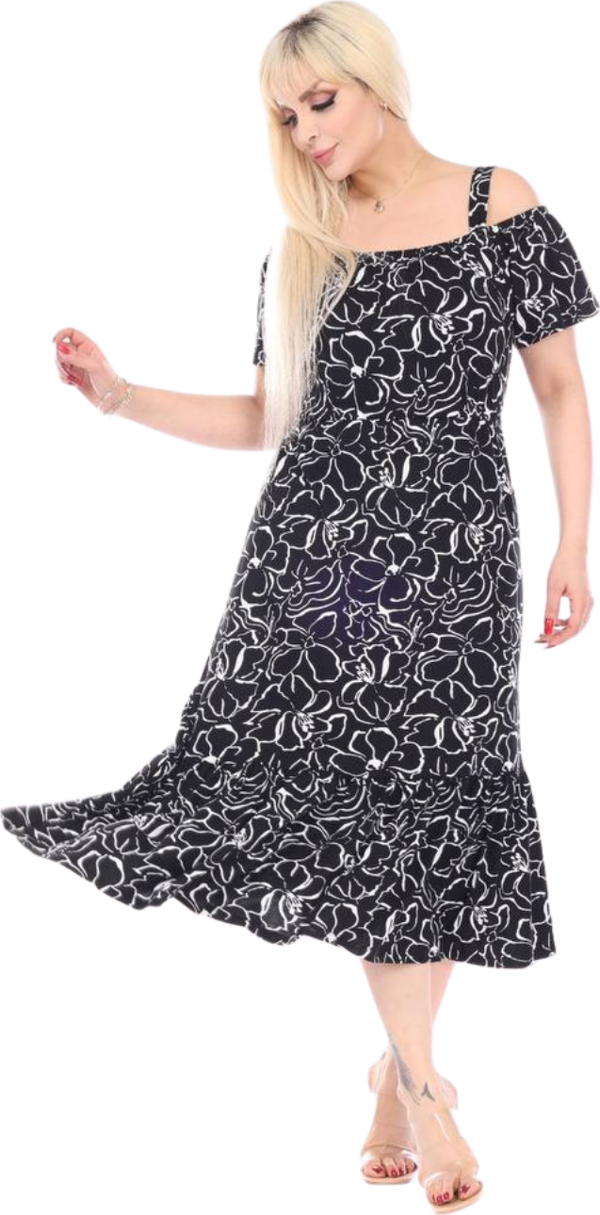 Melsay Siyah Çiçek Desen Madonna Yaka Askılı Midi Elbise - Image 1