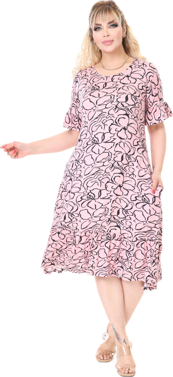 Melsay Butik Kadın Büyük Beden İnci Pembesi Çiçek Desen Cepli Elbise - Image 1