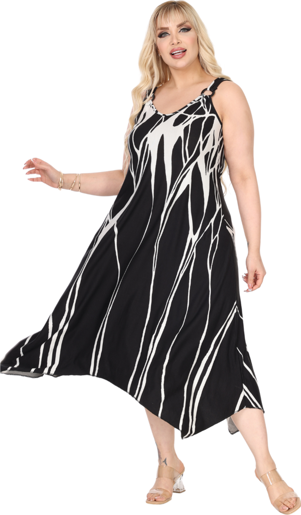 Melsay Butik Askılı V Yaka Toka Detaylı Beyaz Lav Desen Elbise - Image 1