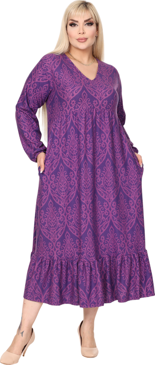 Melsay Butik Kışlık Robalı Yumoş Uzun Kollu Mor Dantel Desenli Elbise - Image 1
