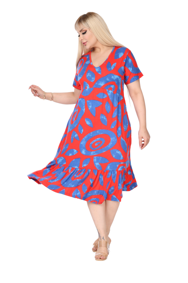 Melsay Butik Göğüsten Robalı V Yaka Kısa Kollu Pembe Nazar Desenli Cepli Elbise - Image 1