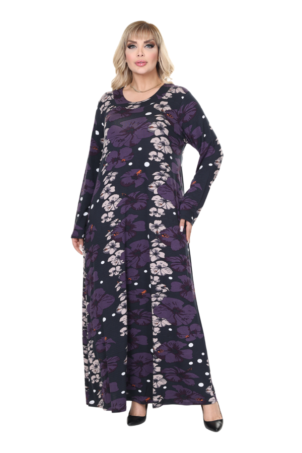 Melsay Butik Mor Gelincik Desen Uzun Kollu Kadın Tesettür Elbise - Image 1