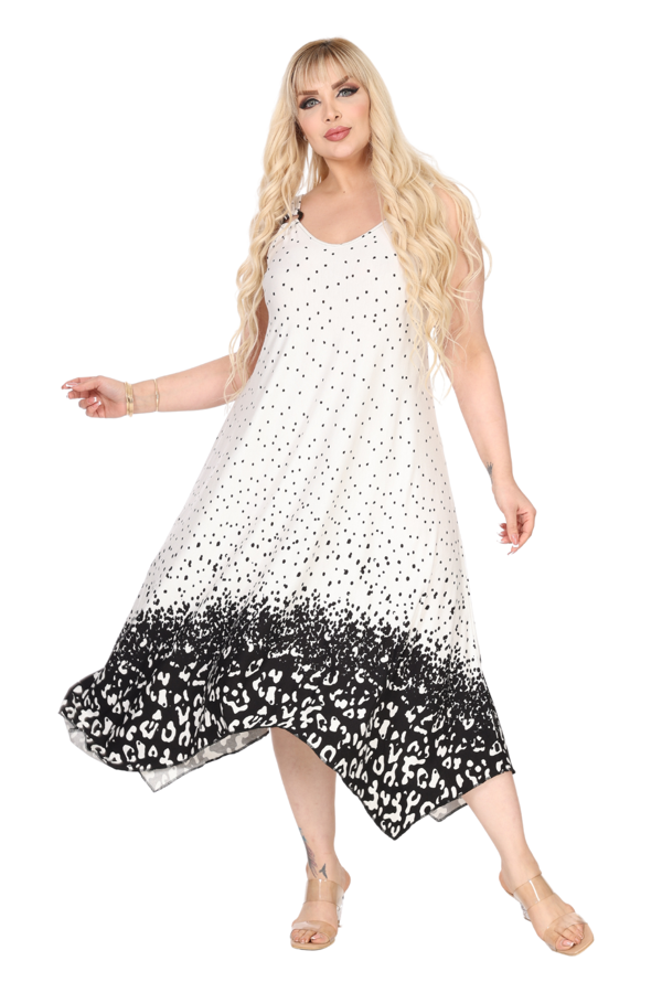 Melsay Butik Askılı V Yaka Beyaz Puanlı Eteği Leopar Desen Elbise - Image 1