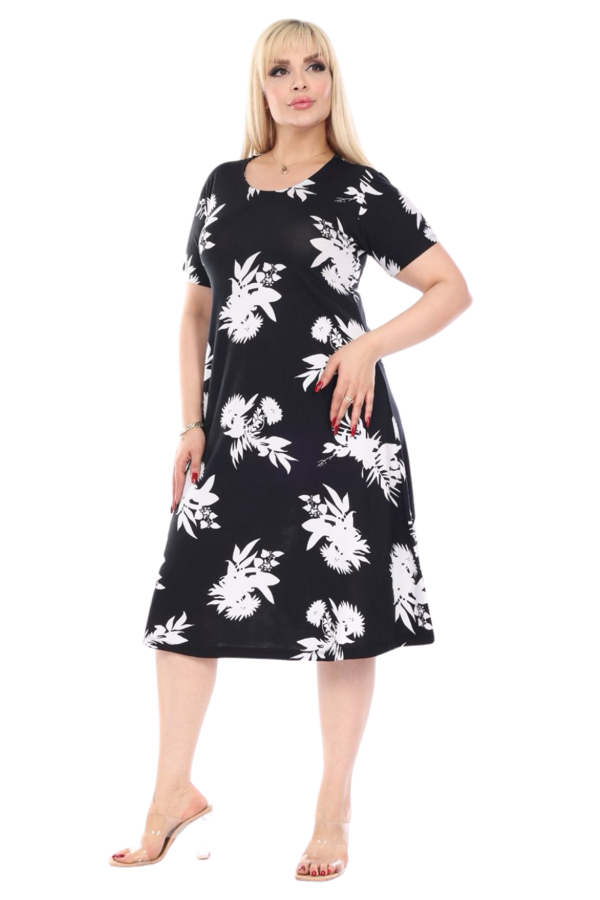 Melsay Butik Siyah Beyaz Yaprak Desen Kısa Kollu Büyük Beden Midi Elbise - Image 1