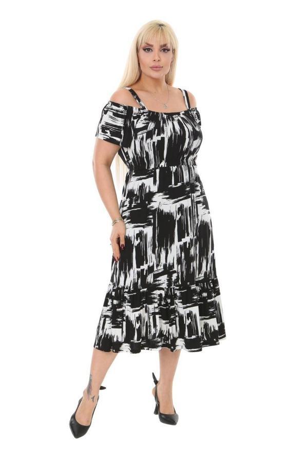 Melsay Butik Siyah Fırça Desen Askılı Madonna Yaka Midi Elbise - Image 1