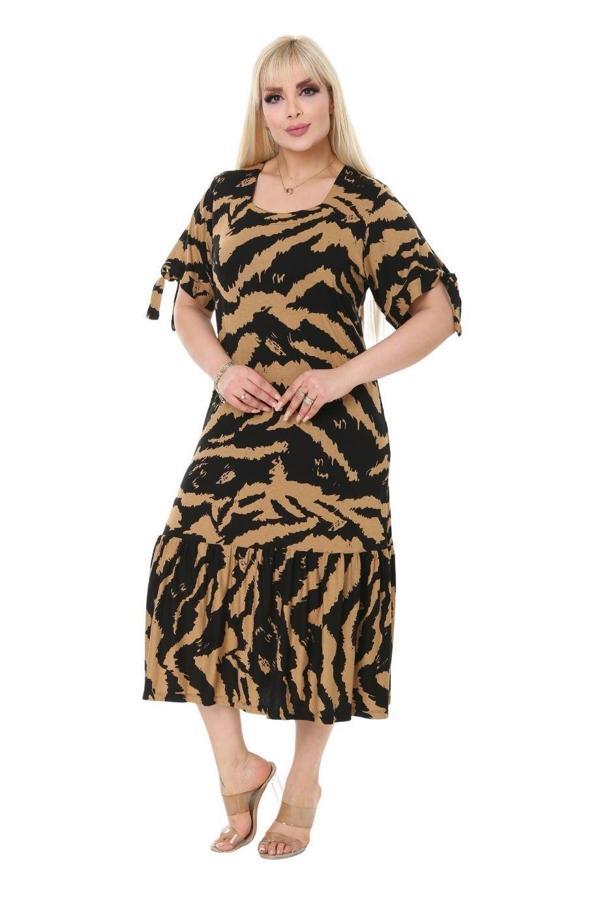 Melsay Butik Vizon Zebra Desen Bağlamalı Kısa Kollu Kadın Midi Elbise - Image 1