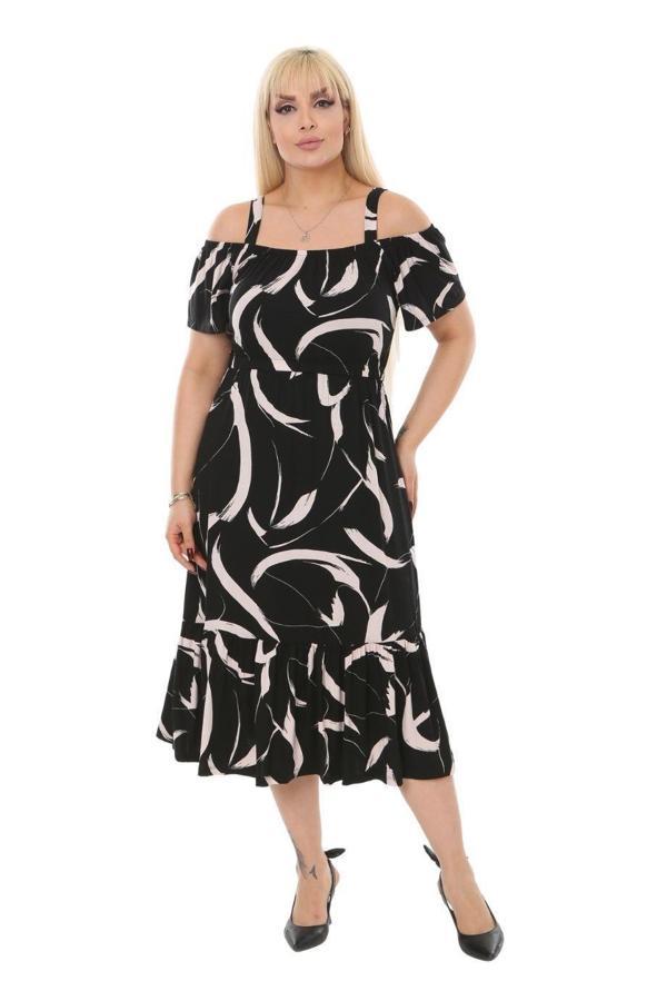 Melsay Butik Siyah Tüy Desen Askılı Madonna Yaka Midi Elbise - Image 1