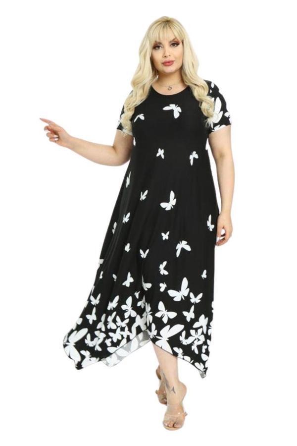 Melsay Butik Kelebek Desen Asimetrik Kısa Kollu Uzun Elbise - Image 1