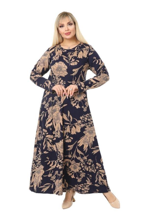 Melsay Butik Lacivert Yaprak Desen Kollu Kadın Uzun Tesettür Elbise - Image 1