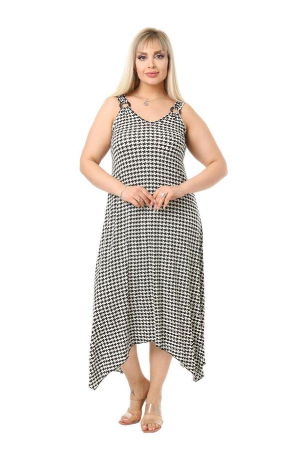 Melsay Butik Kazayağı Desen Askılı V Yaka Uzun Elbise - Image 1