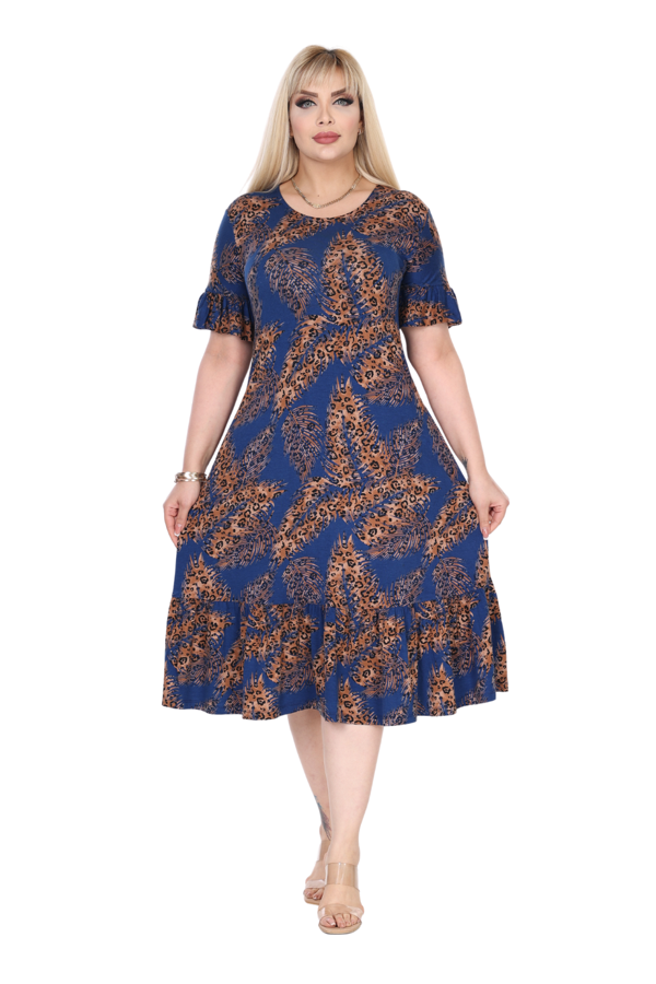 Melsay Butik Lacivert Başak Desen Eteği Fırfırlı Cepli Büyük Beden Kadın Elbise - Image 1