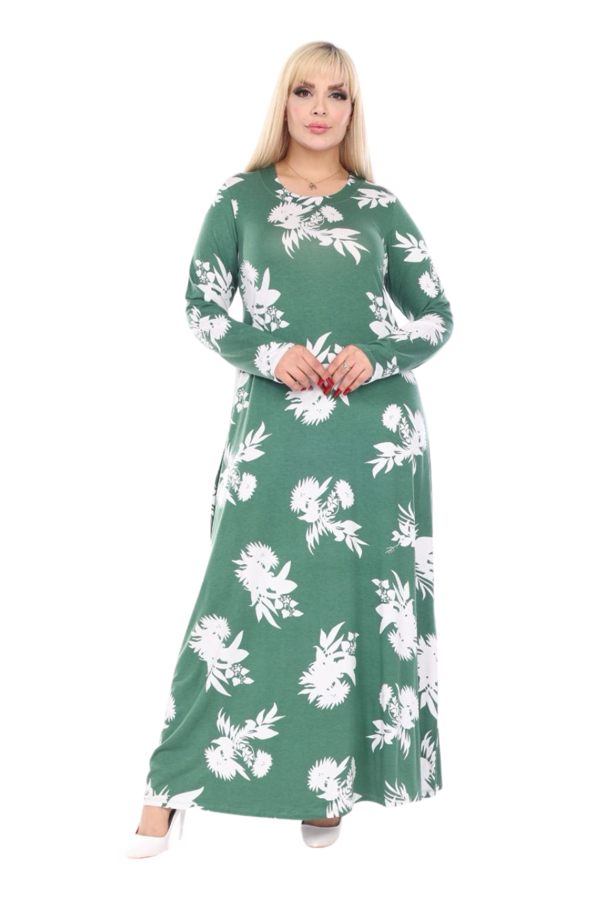 Melsay Butik Yumoş Kumaş Yeşil Beyaz Yaprak Desen Uzun Kollu Kadın Tesettür Elbise - Image 1