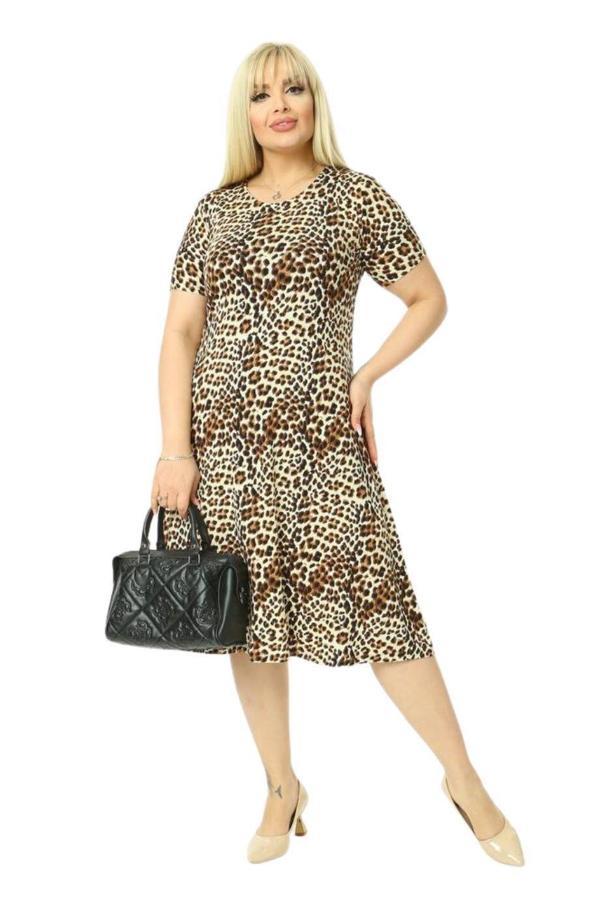 Melsay Butik Küçük Leopar Desenli Kısa Kollu Büyük Beden Midi Elbise - Image 1