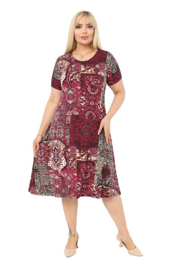 Melsay Butik Bordo Etnik Desen Kısa Kollu Büyük Beden Midi Elbise - Image 1
