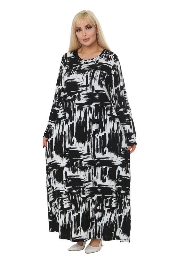 Melsay Butik Siyah Fırça Desen Kollu Kadın Uzun Tesettür Elbise - Image 1