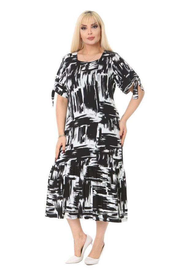 Melsay Butik Fırça Desen Bağlamalı Kısa Kollu Kadın Midi Elbise - Image 1